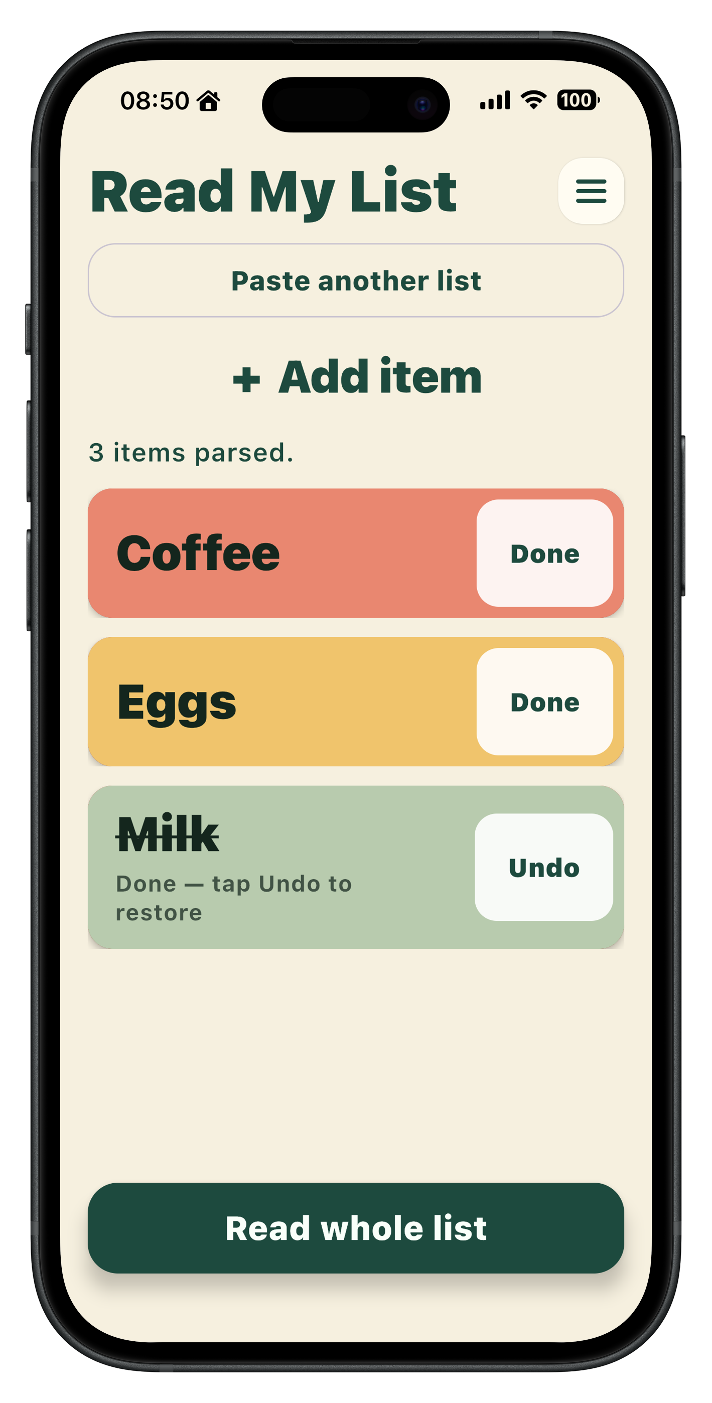 Read My List app showing Coffee, Eggs and Milk cards on an iPhone